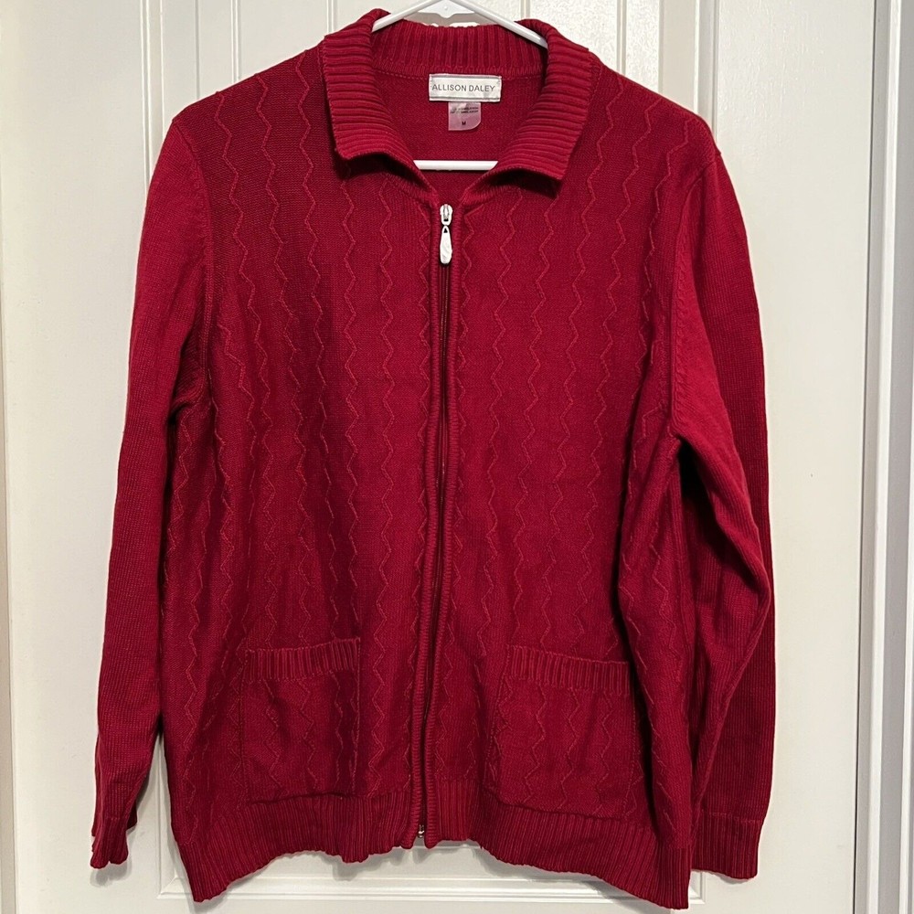 Allison Daley Cardigan Sweater Maroon Long Sleeve Textured Knit Full Zip Pockets - Picture 2 of 13